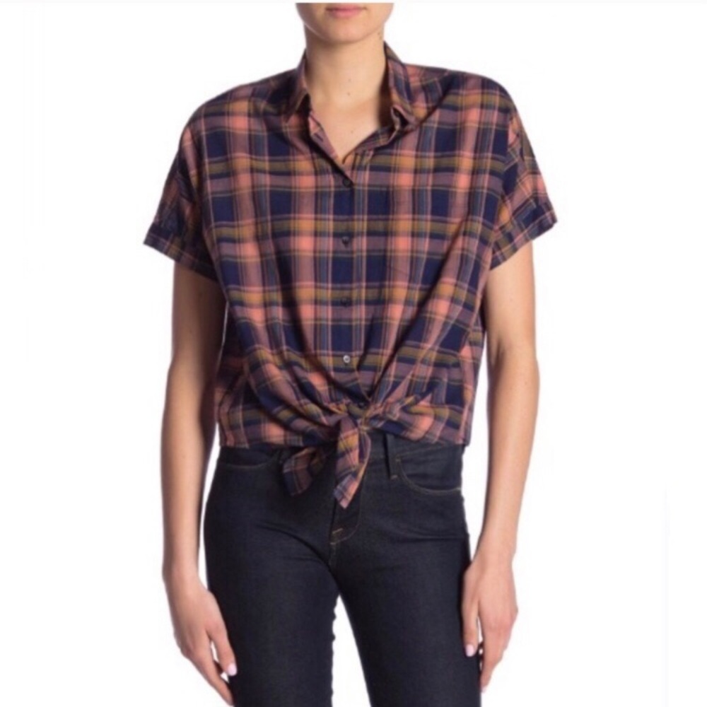 NWT Madewell Plaid Tie-Front Short Sleeve Top M